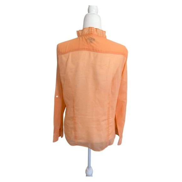 Talbots W’s Cotton Semi-Sheer Ruffle Blouse 10 Orange Long Sleeve Button Down - Picture 4 of 8